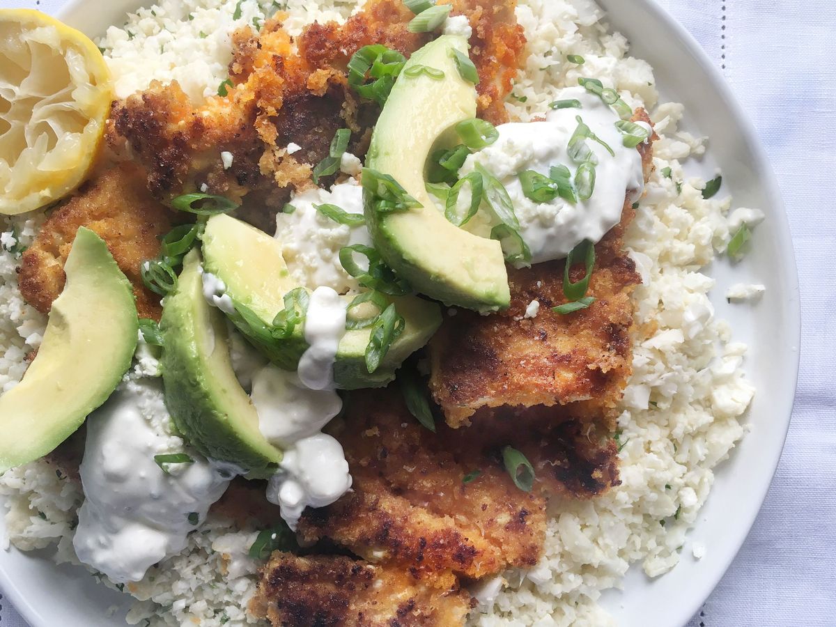 Buffalo Chicken Cutlets with Cauliflower Rice