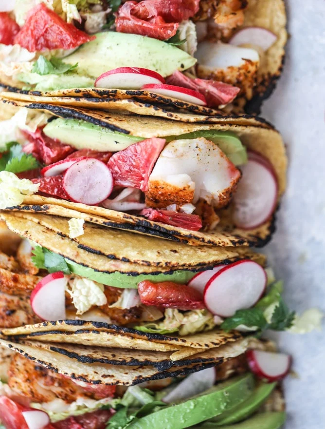 CAJUN FISH TACOS WITH BLOOD ORANGE SLAW